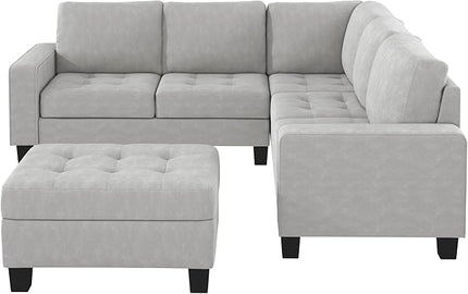 85" L-Shape Sectional Corner Sofa with Storage Ottoman, Modern Linen Upholstered Couch w/Convenient Cup Holder, for Living Room, Apartment, 85 Inch, Light Gray - LeafyLoom