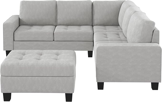 85" L-Shape Sectional Corner Sofa with Storage Ottoman, Modern Linen Upholstered Couch w/Convenient Cup Holder, for Living Room, Apartment, 85 Inch, Light Gray - LeafyLoom
