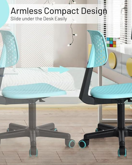 Desk Chair Armless Cute Office Chair, Low Back Rolling Home Office Task Chair Adjustable Swivel Study Chair for Girls Teens Adults Children Kids, Turquoise - LeafyLoom