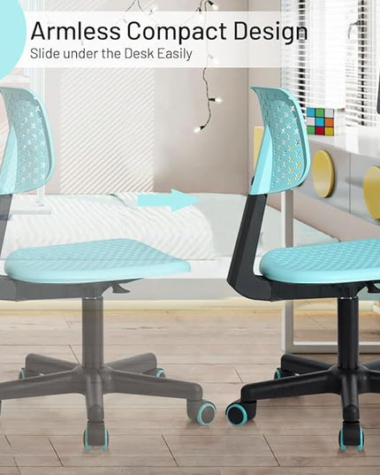 Desk Chair Armless Cute Office Chair, Low Back Rolling Home Office Task Chair Adjustable Swivel Study Chair for Girls Teens Adults Children Kids, Turquoise - LeafyLoom