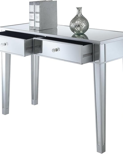 Convenience Concepts Gold Coast Desk 42" Console Table with 2 Drawers for Storage in Living Room, Office, Den, 42 x 15 x 30 inches, Silver/Mirror - LeafyLoom