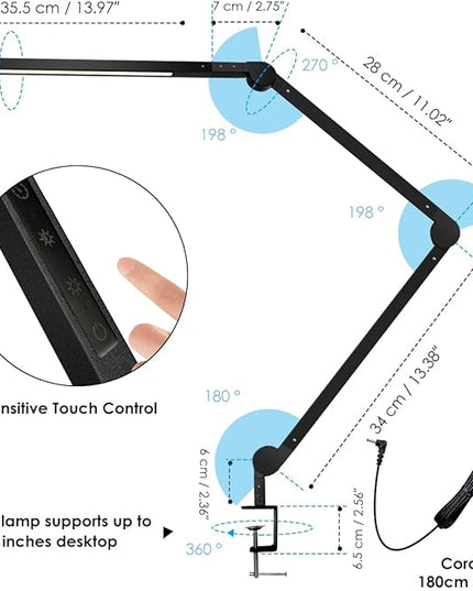 Desk Lamp with Clamp | Swing Arm Desk Light | Eye Caring Table Lamp, Dimmable, 5 Color Modes, Memory, Timer | Modern Architect Desk Lamps for Home Office Study Work Task Drafting Workbench - LeafyLoom