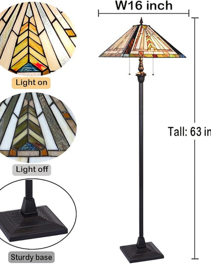 Tiffany Floor Lamp for Living Room 2 Lights Mission Style Stained Glass Reading Floor Light Antique Standing Tall Lamp for Bedroom Office - LeafyLoom