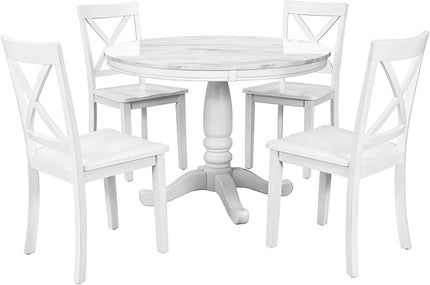 5-Piece Dining Marble-Top Round 4 Comfortable X Back Wood, Elegant Kitchen Table and Chairs Set, Ensemble for Cozy Family Meals, White - LeafyLoom