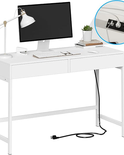 Treocho Computer Desk with USB Charging Ports and Power Outlets, Modern Simple 47 inch White Desk with 2 Drawers, Vanity Desk, Makeup Table for Home Office, Bedroom - LeafyLoom