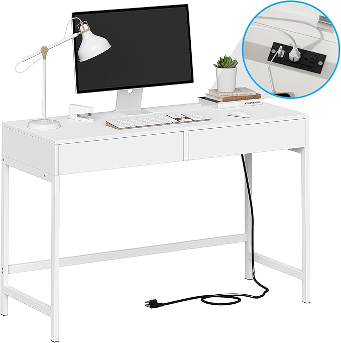 Treocho Computer Desk with USB Charging Ports and Power Outlets, Modern Simple 47 inch White Desk with 2 Drawers, Vanity Desk, Makeup Table for Home Office, Bedroom - LeafyLoom