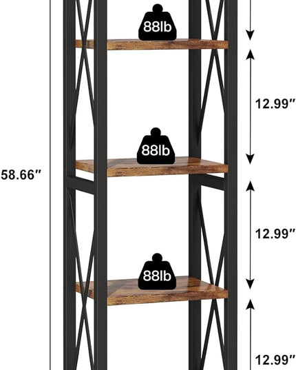5-Tier Narrow Bookshelf, Ladder Bookshelf, Tall Bookshelf for Bedroom with Open Shelves, Office Bookshelf, Industrial Standing Bookshelf for Bedroom, Living Room and Home Office - LeafyLoom