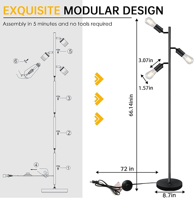 Industrial Floor Lamp, Standing Lamp, Tree Floor Lamp with 3 Adjustable Rotating Lights, E26 Edison Bulb Floor Lamp for Living Room, Bedroom, Home, Office(Bulb not Included) (Black) - LeafyLoom
