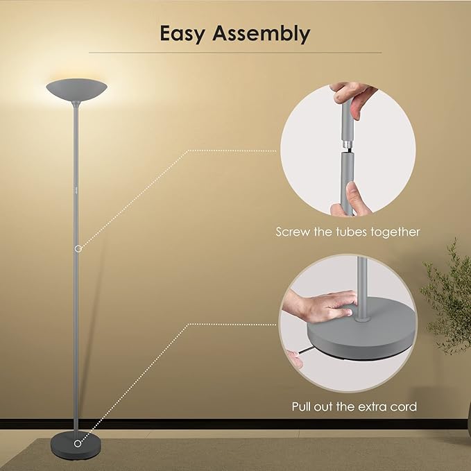 Floor Lamp, Standing Lamp, 20W 2000LM LED Torchiere Floor Lamp, Stepless Dimmable, Touch Control, 3000K Daylight, 50000hrs Lifespan, Floor Lamps for Living Room, Standing Lamps for Bedroom Gray - LeafyLoom