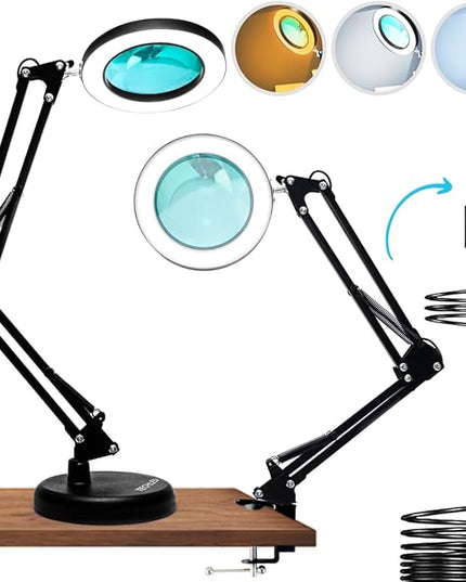 Magnifying Glass with Light and Stand, Desk Ring Light, 3 Color Modes Stepless Dimmable, Desk Lamp, Clamp Light, Office Desk Lamp for Close Work, Repair, Reading, 12w, Adjustable Desk Lamp - LeafyLoom