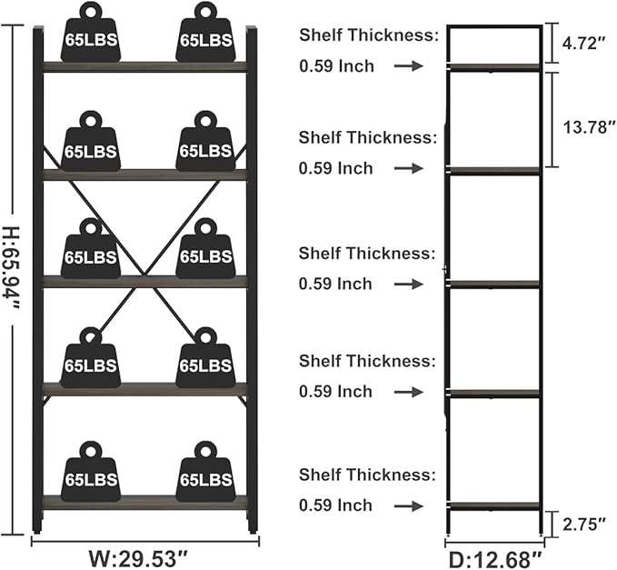 FATORRI 5 Tier Industrial Bookshelf, Rustic Etagere Bookcase for Display, Vintage Shelving Unit Wood and Metal Tall Book Shelves for Home Office (Walnut Brown) - LeafyLoom