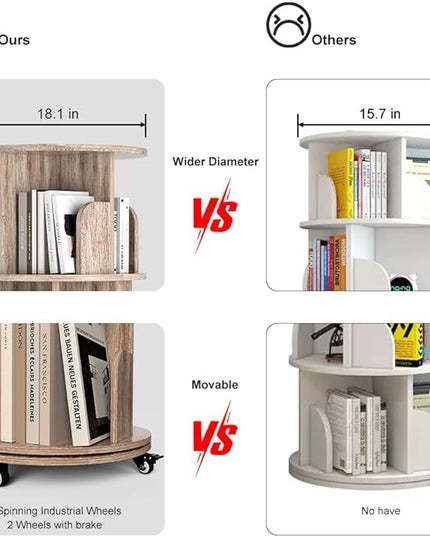 Nidouillet Rotating Bookshelf, 4 Tier Revolving Bookcase with Brake Wheels 360° Display Round Bookshelf Narrow Swivel Corner Book Shelf Standing Bookcase for Adult Bedroom, Living Room (Oak Grey) - LeafyLoom