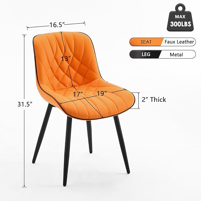 YOUNUOKE Dining Chairs Set of 2 Mid Century Modern Kitchen Chair Comfortable Upholstered Faux Leather Dinner Chairs for Kitchen Dining Room, Orange - LeafyLoom