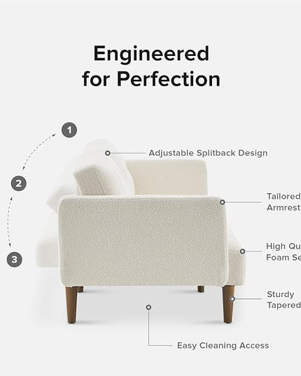 mopio Aaron Couch, Small Sofa, Futon, Sofa Bed, Sleeper Sofa, Loveseat, Mid Century Modern Futon Couch, Sofa Cama, Couches for Living Room, Bedroom (Pearl White, Boucle) - LeafyLoom