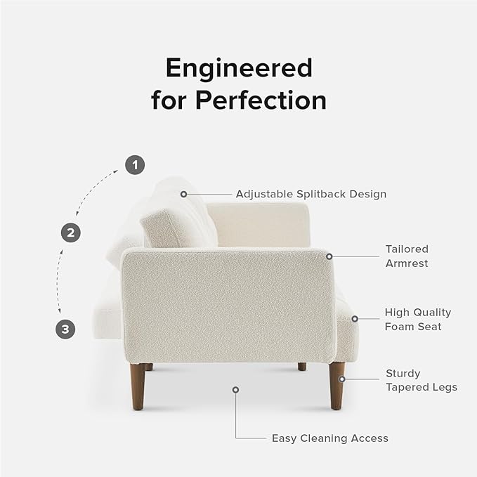 mopio Aaron Couch, Small Sofa, Futon, Sofa Bed, Sleeper Sofa, Loveseat, Mid Century Modern Futon Couch, Sofa Cama, Couches for Living Room, Bedroom (Pearl White, Boucle) - LeafyLoom