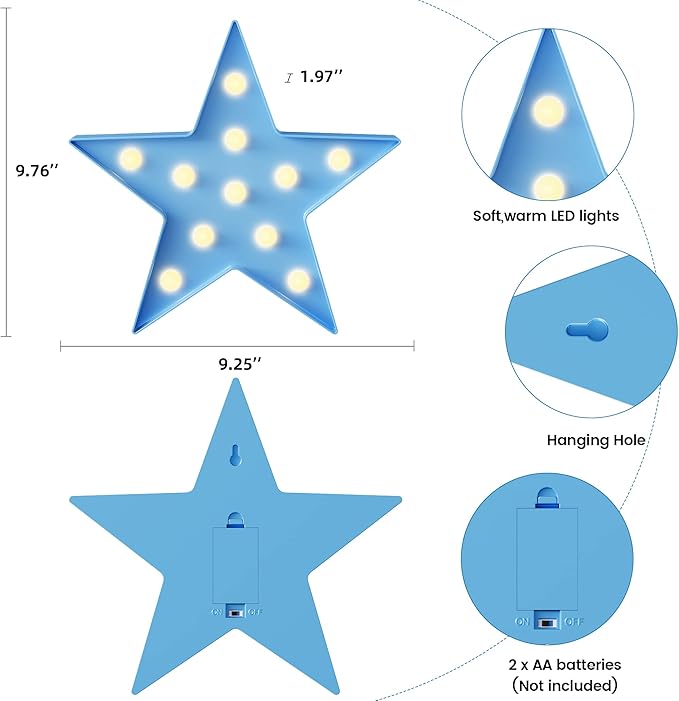 Blue Star Birthday Party Decorations, Battery Powered Star Night Light for Kids, Kids Room Decor for Bedrooms, Baby Night Light, Toddler Room Decor, Kids Room Decor, Wall Decor for Bedroom - LeafyLoom
