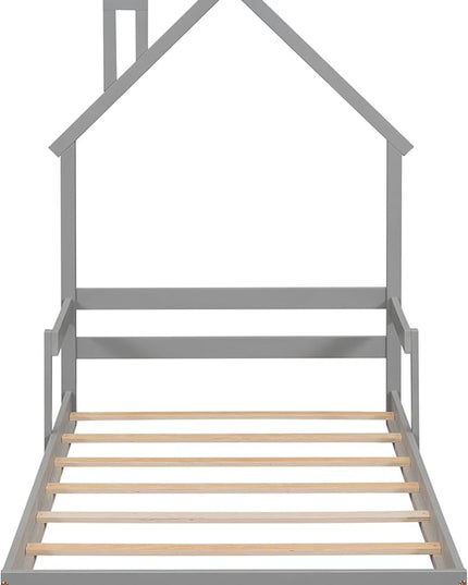 Bellemave Twin Size House-Shaped Headboard Floor Bed for Kids,Montessori Floor Bed with Handrails and Slats,Wood House Bed Twin for Girls,Boys(Twin,Grey) - LeafyLoom