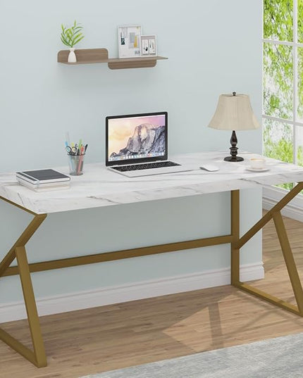 HSH White Faux Marble and Gold Desk, Modern Home Office Executive PC Laptop Computer Desk, Farmhouse Writing Study Work Gaming Table for Bedroom Living Room, Simple Metal Wood Workstation, 55 Inch - LeafyLoom