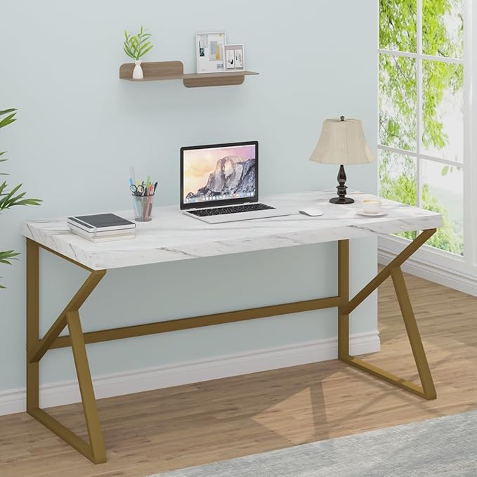 HSH White Faux Marble and Gold Desk, Modern Home Office Executive PC Laptop Computer Desk, Farmhouse Writing Study Work Gaming Table for Bedroom Living Room, Simple Metal Wood Workstation, 55 Inch - LeafyLoom