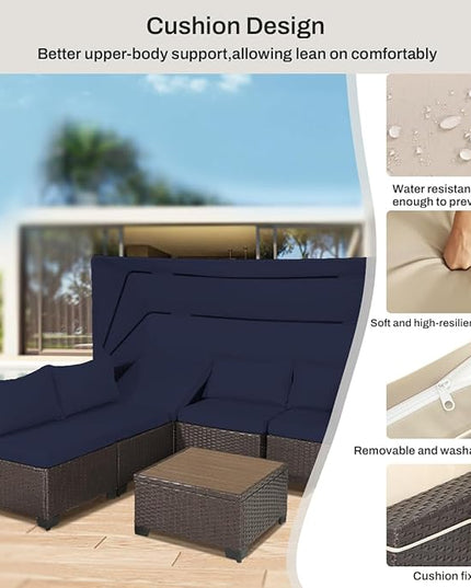 6 PCS Outdoor Patio Furniture Set,Sectional Sofa Set,Rattan Daybed with Retractable Canopy,Adjustable Backrest,Storage Coffee Table,Chaise Chair Sunbed for Garden Poolside Backyard(Navy Blue) - LeafyLoom