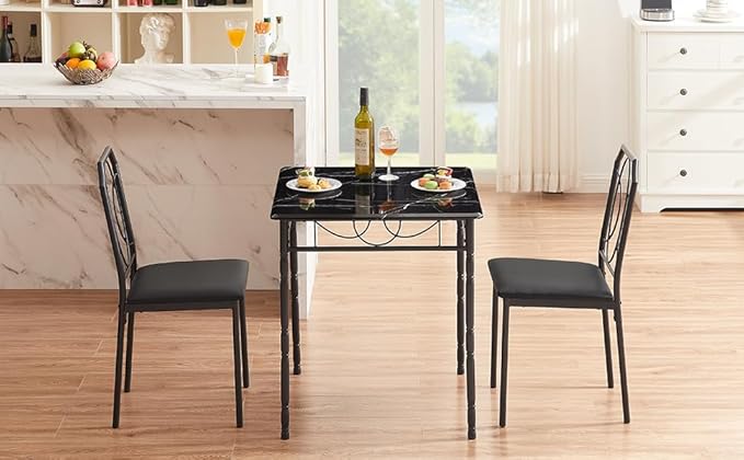 VECELO 3 Pieces Sets,43.3" Table&Chairs for 2,Industrial Counter Height Tabletop with Bar Stools, Rectangle Breakfast Chairs, Living Room, Apartment, Dining Table for 2, Black 1 - LeafyLoom