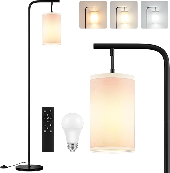 Floor Lamp for Living Room, 9W LED Bulb, Remote Custom Color Temperature & Brightness, Tall Standing Lamps for Bedroom Office Kid Room, Black - LeafyLoom