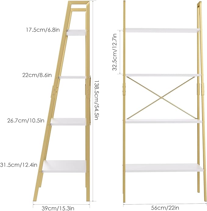 finetones Bookshelf 4 Tier, Wood Bookcase with Metal Frame, Open Display Storage Ladder Shelf, Plant Flower Stand Storage Rack for Home Office White/Gold - LeafyLoom