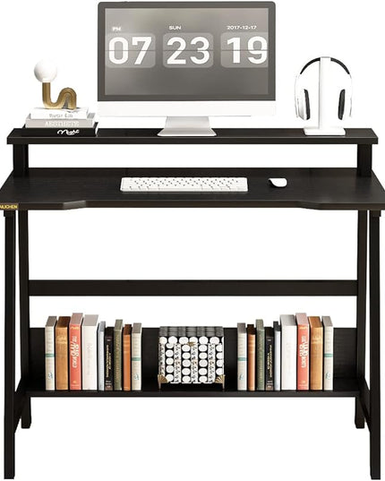 Small Computer Desk for Small Spaces - 33.5" Inch Modern Writing Table with Monitor Storage Shelf for Home Office and Study, Compact Laptop Desk in Simple and Sleek Style - LeafyLoom
