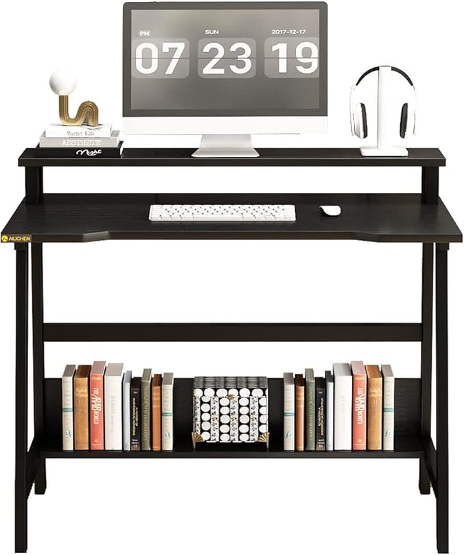Small Computer Desk for Small Spaces - 33.5" Inch Modern Writing Table with Monitor Storage Shelf for Home Office and Study, Compact Laptop Desk in Simple and Sleek Style - LeafyLoom
