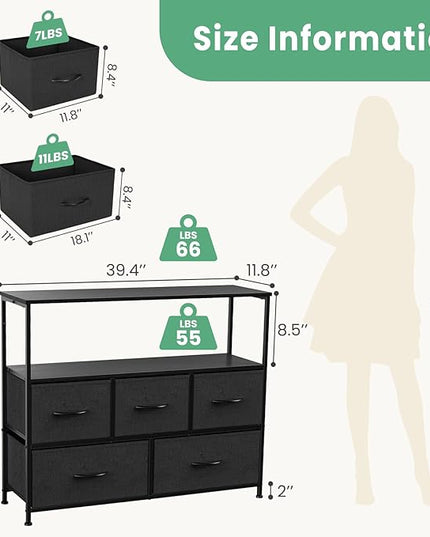 ANTONIA TV Stand Dresser for Bedroom with 5 Fabric Drawer,Entertainment Center for 45 inch Television, Media Console Table with Storage, Open Shelf, Adjustable Feet, Living Room Furniture, Black - LeafyLoom