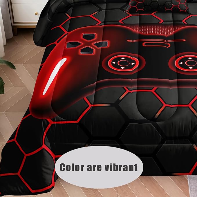 6 Pieces Bed in a Bag for Boys Bedding Sets Full Size,Gamer Comforter Sets for Boys Kids, Gaming Comforter Set for Boys Room Decor with Flat Sheet,Fitted Sheet,Pillowcase,Cushion Cover - LeafyLoom