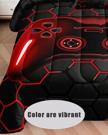 6 Pieces Bed in a Bag for Boys Bedding Sets Queen Size,Gamer Comforter Sets for Boys Kids, Gaming Comforter Set for Boys Room Decor with Flat Sheet,Fitted Sheet,Pillowcase,Cushion Cover - LeafyLoom