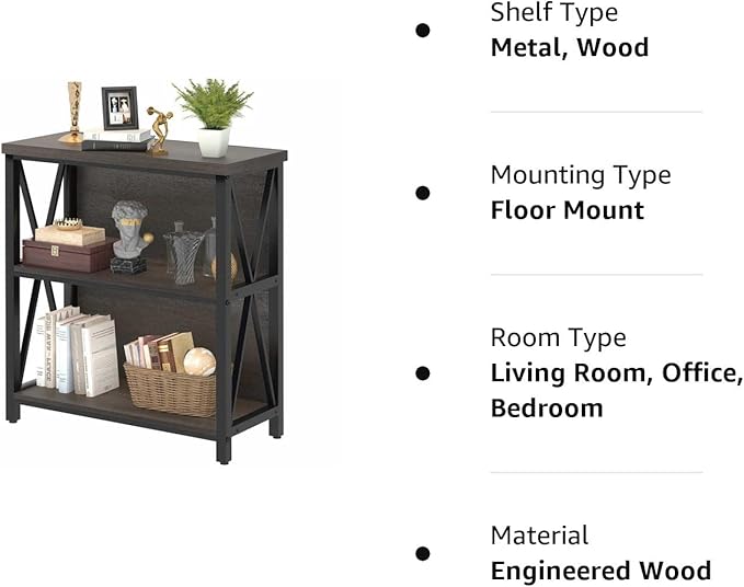 FATORRI Rustic Short 2 Shelf Bookshelf, Industrial Low Wood Bookcase, Farmhouse Small Book Case for Small Space (Walnut Brown) - LeafyLoom