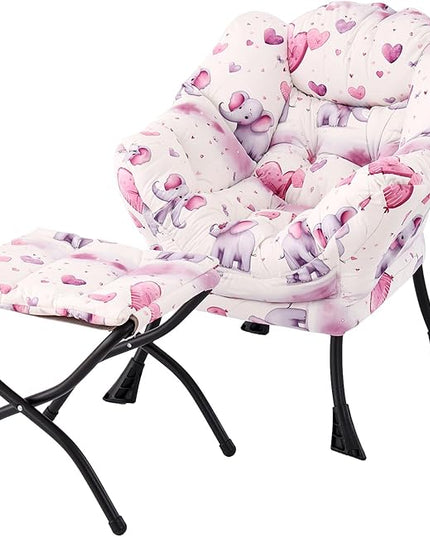 Welnow Toddler Kids Lazy Chair with Ottoman, Glow in The Dark Accent Comfy Lounge Children Armchair Couch with Removable Cover, Detachable Reading Chair with Footrest for Boy or Girl, Pink Elephant - LeafyLoom