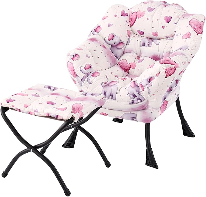 Welnow Toddler Kids Lazy Chair with Ottoman, Glow in The Dark Accent Comfy Lounge Children Armchair Couch with Removable Cover, Detachable Reading Chair with Footrest for Boy or Girl, Pink Elephant - LeafyLoom