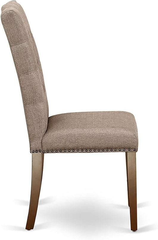 East West Furniture HBEL3-MAH-16 Hartland 3 Piece Room Furniture Set Contains a Round Dining Table with Pedestal and 2 Dark Khaki Linen Fabric Upholstered Chairs, 42x42 Inch - LeafyLoom