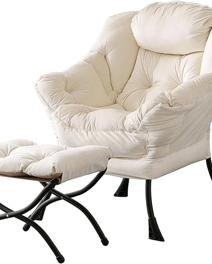 LITA Lazy Chair with Ottoman, Modern Accent Leisure Upholstered Sofa Chair, Contemporary Lounge Reading Chair with Armrests and a Side Pocket for Living Room, Bedroom & Small Space, Beige - LeafyLoom