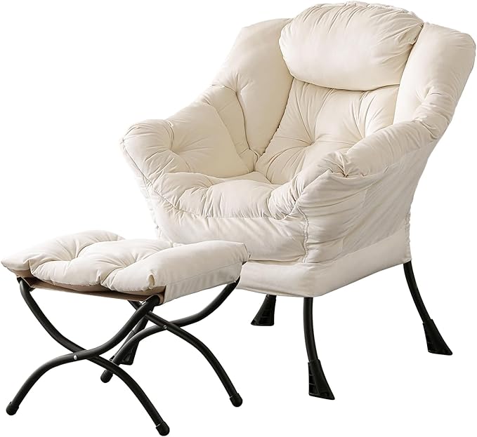 LITA Lazy Chair with Ottoman, Modern Accent Leisure Upholstered Sofa Chair, Contemporary Lounge Reading Chair with Armrests and a Side Pocket for Living Room, Bedroom & Small Space, Beige - LeafyLoom