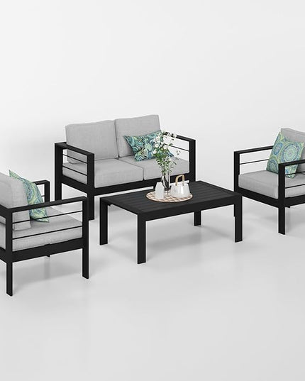Solaste Outdoor Aluminum Furniture Set - 4 Pieces Patio Sectional Chat Sofa Conversation Set with Table,Black Frame and Grey Cushion - LeafyLoom