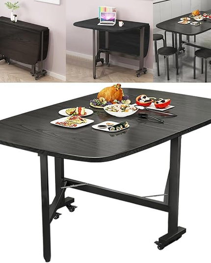 Multifunction Table Drop Leaf Dining Table - 47" Solid Wooden Foldable Kitchen Table with 6 Wheels (Black) - LeafyLoom