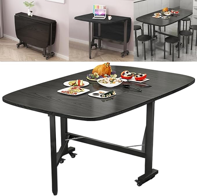 Multifunction Table Drop Leaf Dining Table - 47" Solid Wooden Foldable Kitchen Table with 6 Wheels (Black) - LeafyLoom