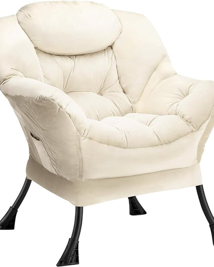 Fabric Lazy Chair Large Accent Chair,Velvet Frabic Modern Lounge Reading Chair with Armrests & Side Pocket,Upholstered Armchair for Living Room,Bedroom,Dorm,Beige - LeafyLoom