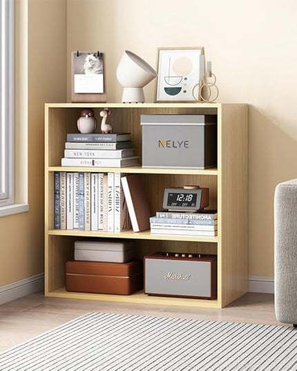 Basic Open Shelf Bookcase - 3-Tier Wooden Cube Storage Shelves Split Bookshelf, Oak - LeafyLoom