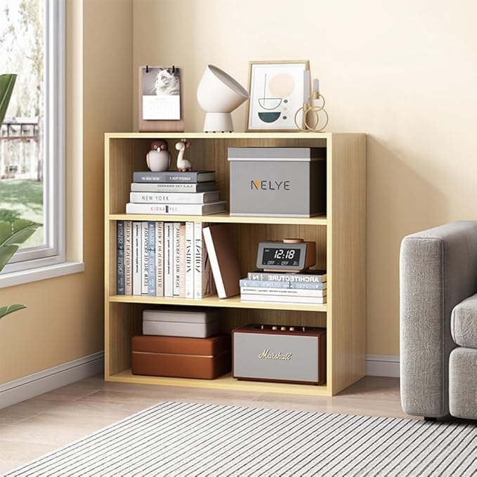 Basic Open Shelf Bookcase - 3-Tier Wooden Cube Storage Shelves Split Bookshelf, Oak - LeafyLoom