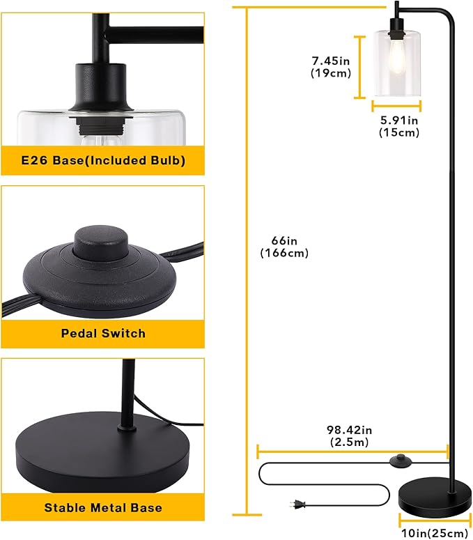 Litake Industrial Floor Lamp, Dimmable Modern Standing Lamp with Clear Glass Shade, Black Tall Lamp with Remote & Foot Control, LED Bright Corner Lamp with 6W Bulb for Living Room Bedroom Office - LeafyLoom