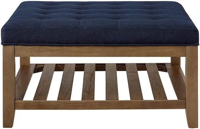 24KF Large Square Upholstered Tufted Linen Ottoman, Large Footrest Ottoman with Solid Wood Shelf- Navy Blue - LeafyLoom