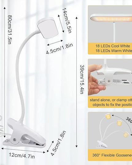 Clip on Light Reading Lights, 36 LED USB Desk Lamp with 5 Color 5 Brightness, Eye Protection Book Clamp Light, Perfect for Video Conference Lighting, Desk, Bed Headboard and Computers (White) - LeafyLoom