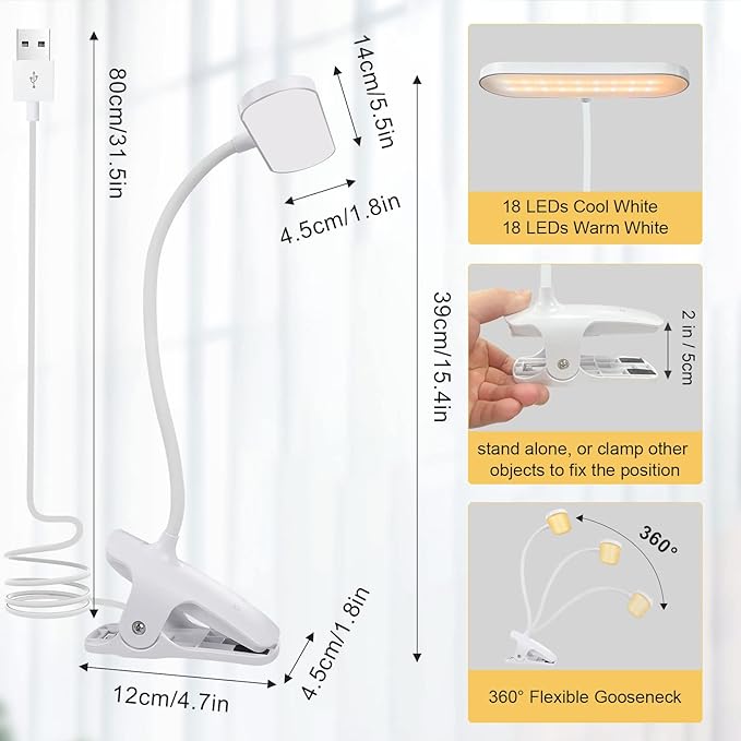 Clip on Light Reading Lights, 36 LED USB Desk Lamp with 5 Color 5 Brightness, Eye Protection Book Clamp Light, Perfect for Video Conference Lighting, Desk, Bed Headboard and Computers (White) - LeafyLoom