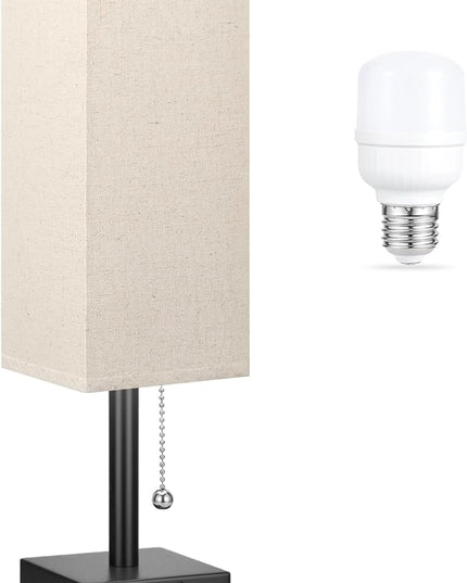Small Linen Bedroom Lamp - 3 Color Temperature 3000K 5000K 4000K Bedside Lamp, Pull Chain Control, USB A and C Charging Ports, Black Base, for Kids Office Dorm, Bulb Included - LeafyLoom