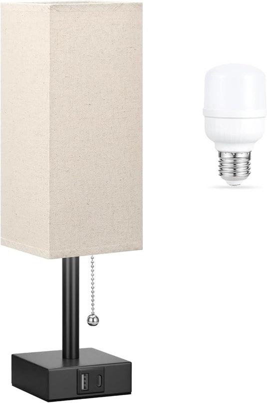 Small Linen Bedroom Lamp - 3 Color Temperature 3000K 5000K 4000K Bedside Lamp, Pull Chain Control, USB A and C Charging Ports, Black Base, for Kids Office Dorm, Bulb Included - LeafyLoom